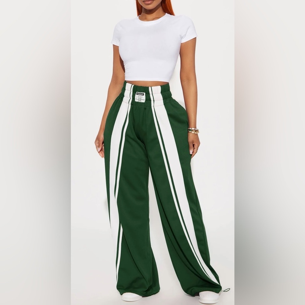 Fashion Nova Green and White Striped Joggers